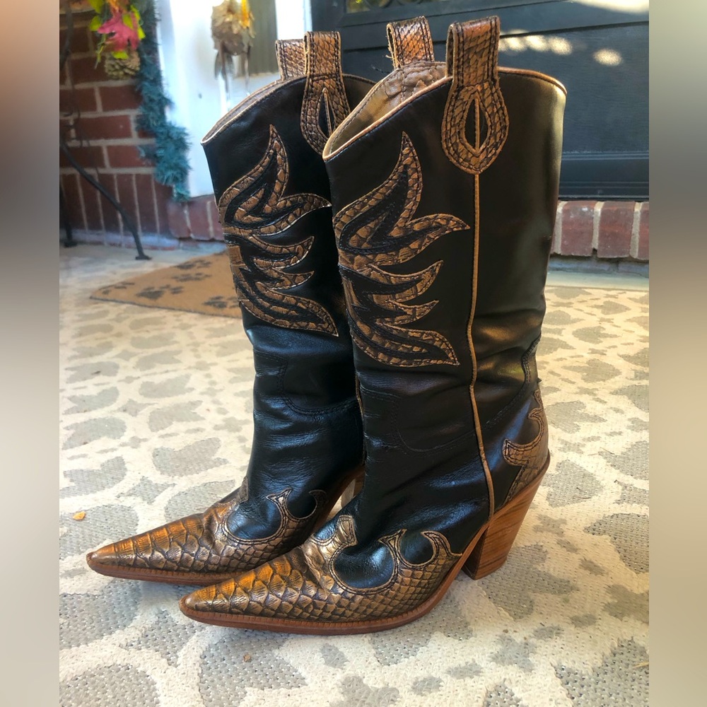 Para Raio Vintage Western Black and Gold Metallic Leather Cowboy boot Sz 6